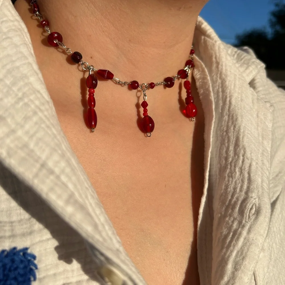 Blood Red Beaded Necklace - Picture 2 of 7